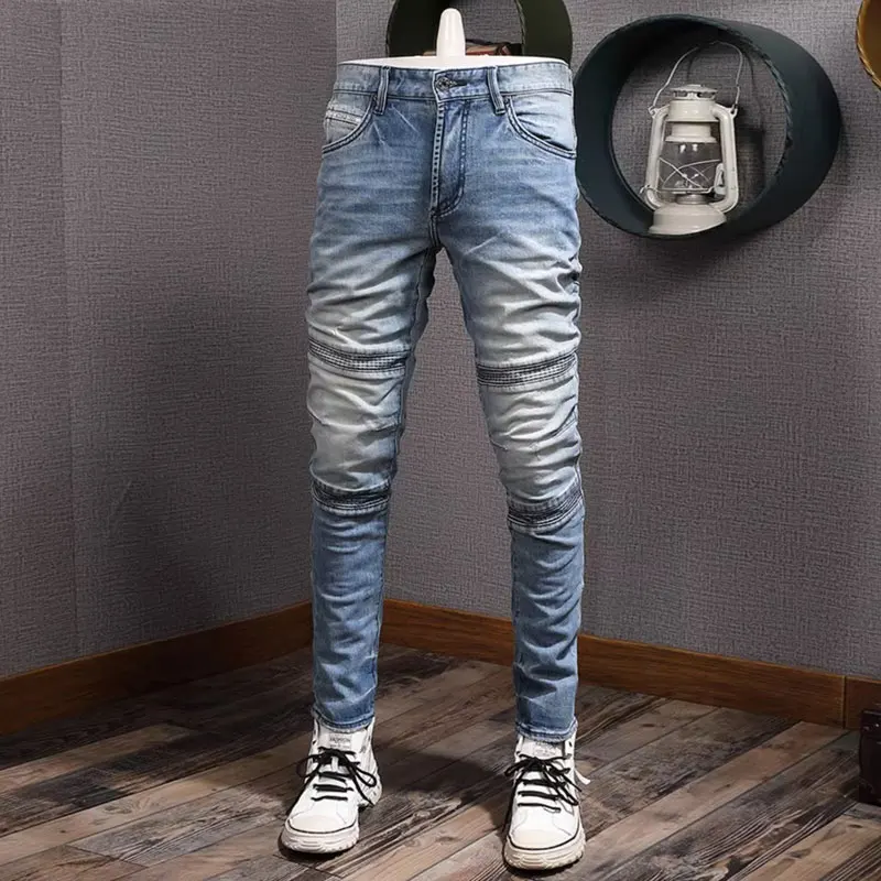 

Street Fashion Men Jeans Retro Light Blue Stretch Slim Fit Spliced Biker Jeans Men Patched Designer Hip Hop Denim Pants Hombre