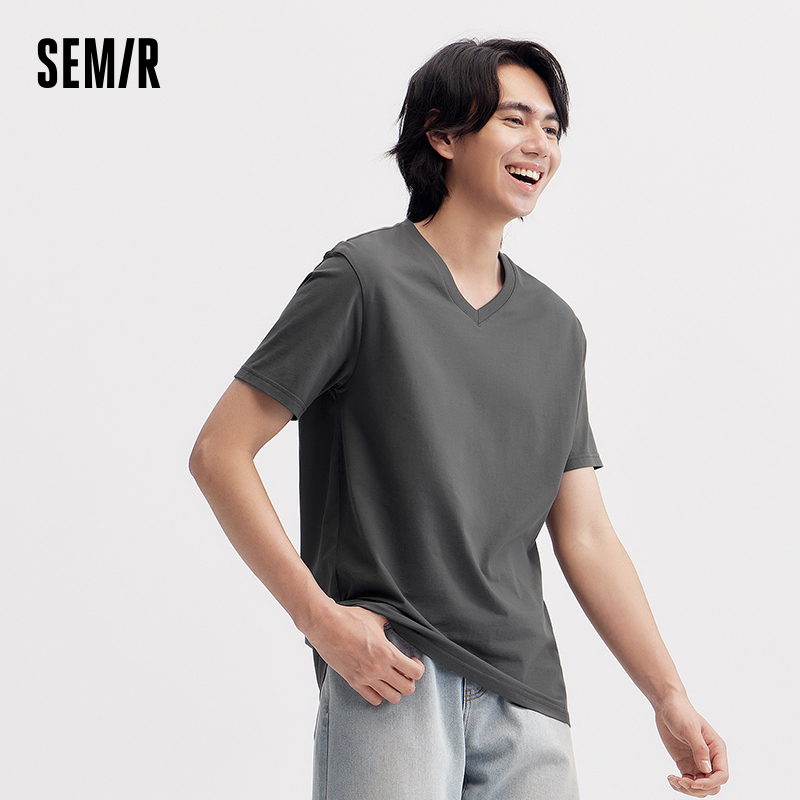 Semir Men T-shirt Slim-Fit V-Neck Top Simple And Versatile Summer New Arrival 2024 Solid Color Tee Top Men