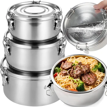 Boîte à déjeuner ronde pour micro-ondes avec couvercle, boîtes à Bento portables en acier inoxydable, conteneur de stockage des aliments anti-fuite, bol, conteneurs de pique-nique 1