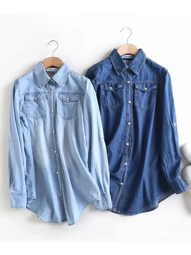 

Блузка женская джинсовая оверсайз, элегантная повседневная Базовая рубашка с длинным рукавом, летний топ, 3XL, весна