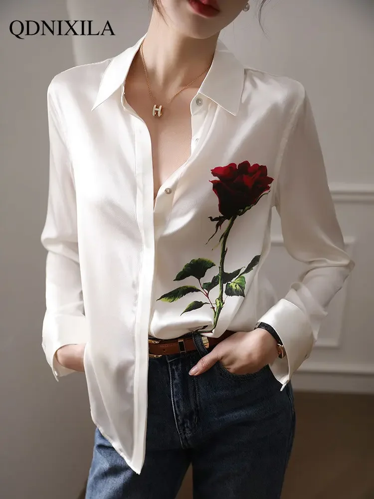 Fashion Woman Blouse 2024 White Silk-like Rose Pattern Long Sleeve Top Women Shirts Elegant Women's Luxury Designer Blouses