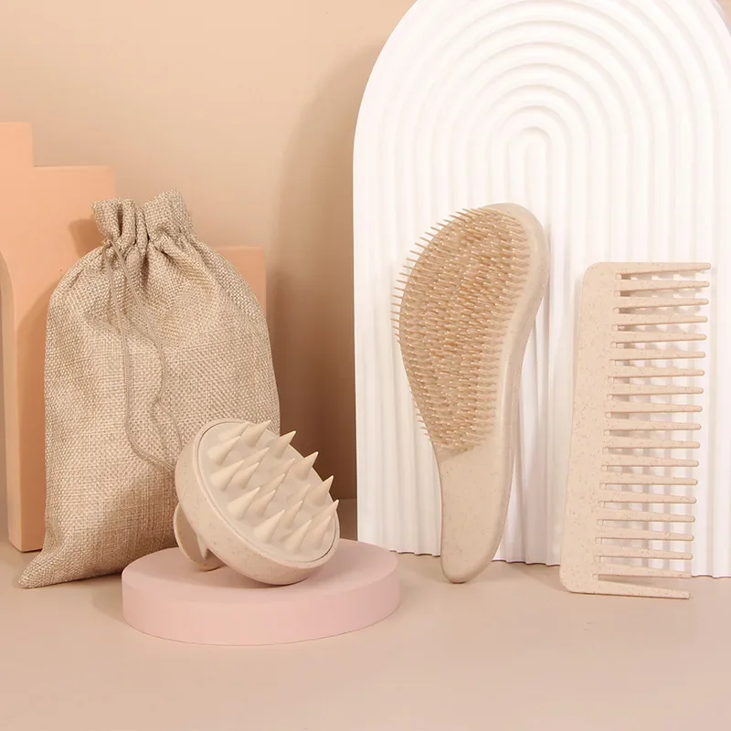 

Wheat Straw Massage Shun Fa Shampoo Brush Set Dry and Wet Portable Silicone Shampoo Brush Wide Tooth Straight Hair Comb