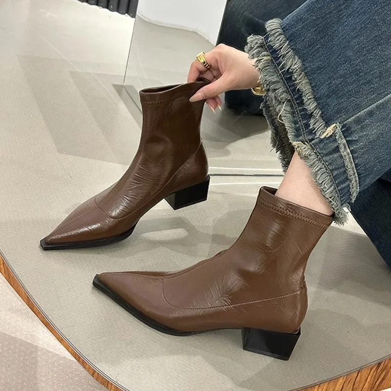 

New Autumn Women Ankle Boots Shoes Fashion Pointed Zipper Toe Ladies Short Boot Square Low Heel Casual Winter Women's Footwear