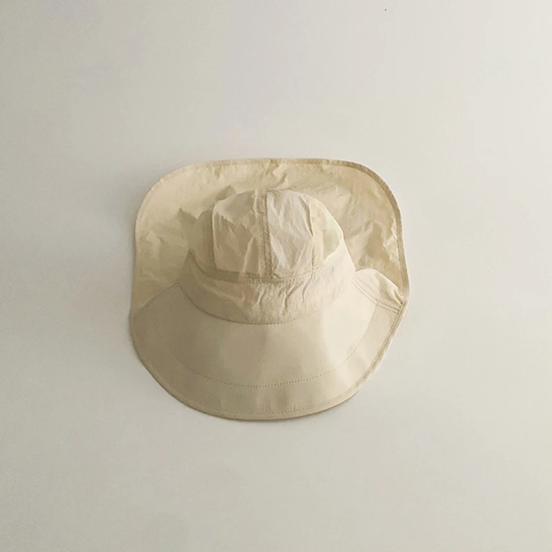 Solid Color Summer Sun Hat for Boy Girl Korean Big Brim Fisherman Cap Kids Quick Dry Mesh Anti UV Beach Cap with Neck Cover 4