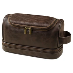 Men's Leather Toiletry Organizer with Hanging Hook - Large, Water-Resistant Travel Kit (Brown)