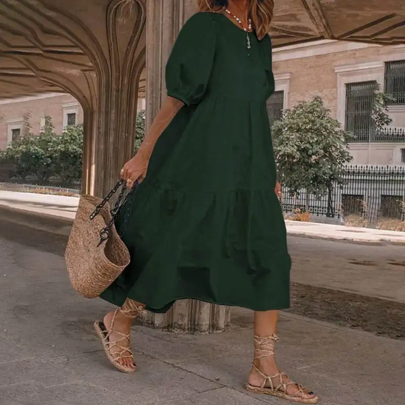 

Lantern Sleeve Dress Women 2023 Summer Vintage Solid Color Party Beach Holiday Mid Dresses Female O Neck Sundress Dresses Robe