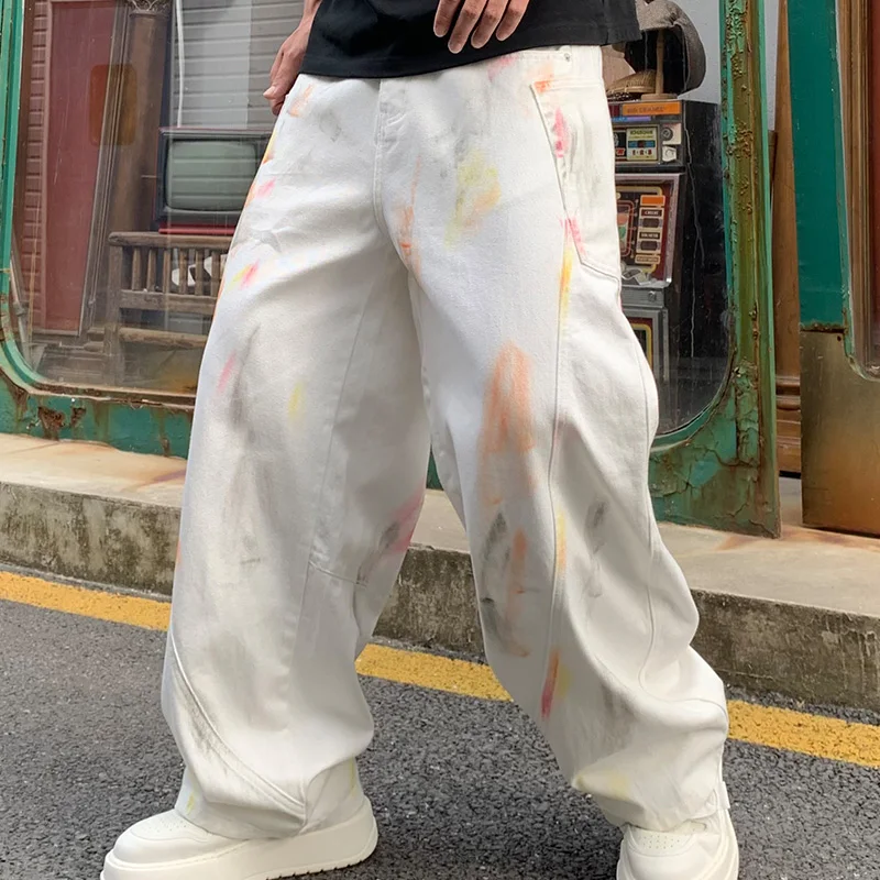 Painted Graffiti jeans men's loose trendy hip hop style street fashion High Street straight wide leg personality white trousers