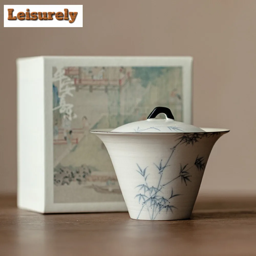 150ml Hand-painted Ink Bamboo Gaiwan Aesthetic Pink Yin White Horseshoe Tea Tureen Tea Maker Cover Bowl Chinese Set Craft