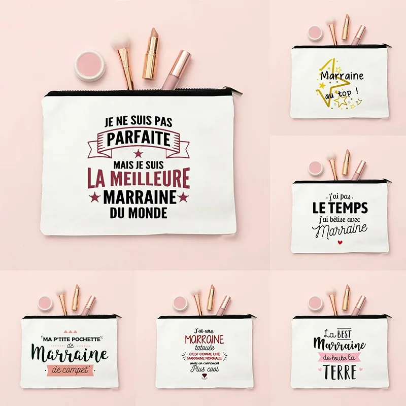 Best Godmother French Print Makeup Bags Travel Toiletries Organizer Female Wash Storage Pouch Women Cosmetic Case Marraine Gifts