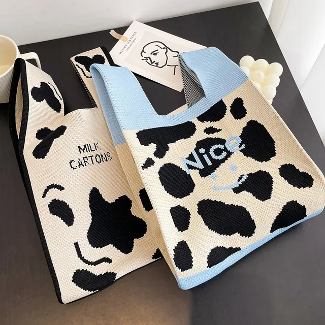 Kézzel Készített Kötött Kézitáskás Nők Mini Csomócsukló Táska Japán Alkalmi Színű Széles Csíkos Kockás Diák Újrahasznosítható Bevásárló Táskák - Image 4