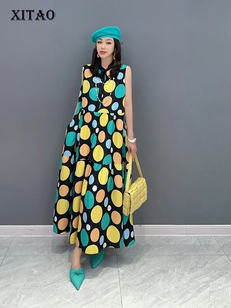 

XITAO Print Loose Folds Dot Pullover Dress Stand Collar 2024 Summer New Arrival Casual Fashion Temperament All Match WLD11352