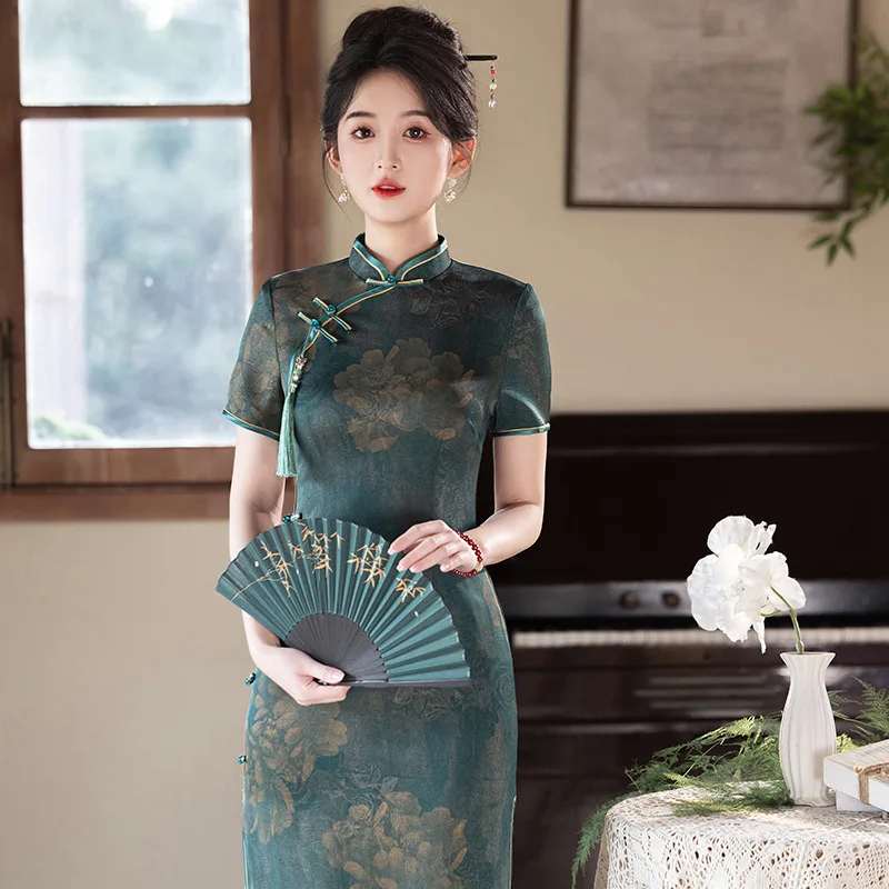Yourqipao Summer Chinese Style Imitation Acetic Acid Printed Cheongsam Long  Modified Slim Retro Qipao Evening Dress for Women - AliExpress 200000532