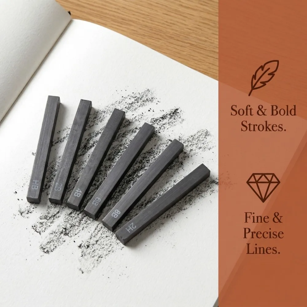 6PCS 사각형 모양 스케치 숯 스틱 파손 방지 2.48인치 사각형 숯 바 순수 숯 페인팅 숯 막대