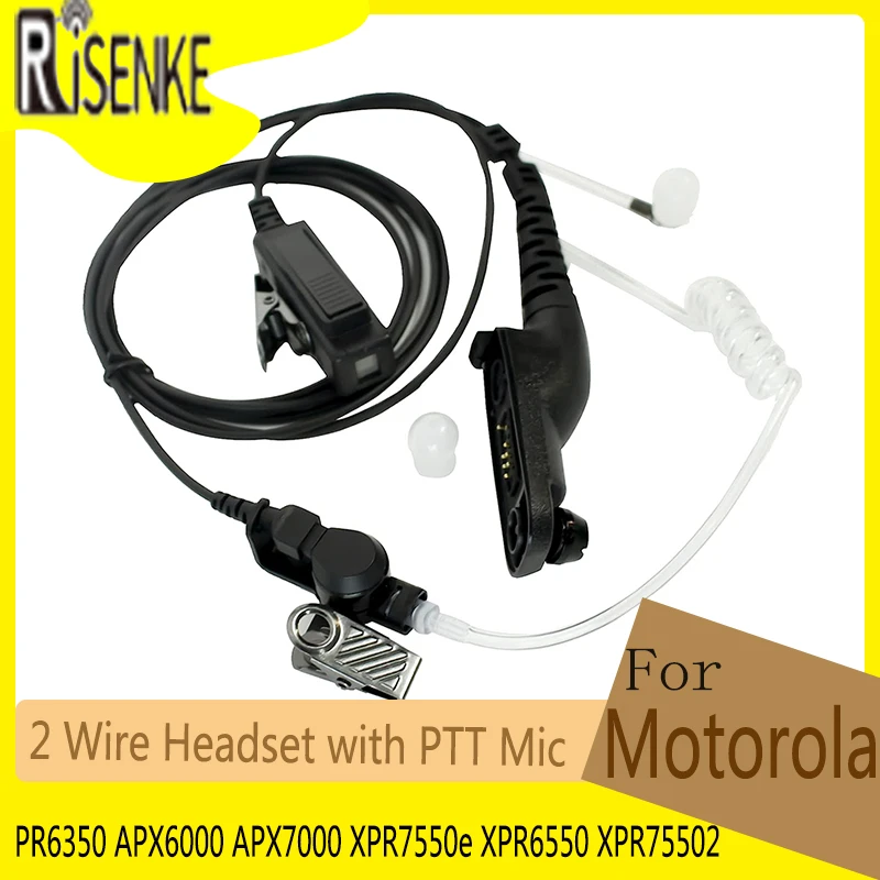 RISENKE-Earpiece for Motorola, 2 Wire Headset with PTT Mic, PR6350, APX4000, APX6000, APX7000, XPR7550e, XPR6550, XPR75502 risenke earpiece for motorola xpr7550e xpr6550 xpr75502 pr6350 apx4000 apx6000 apx7000 walkie talkie 2 wire headset with ptt mic