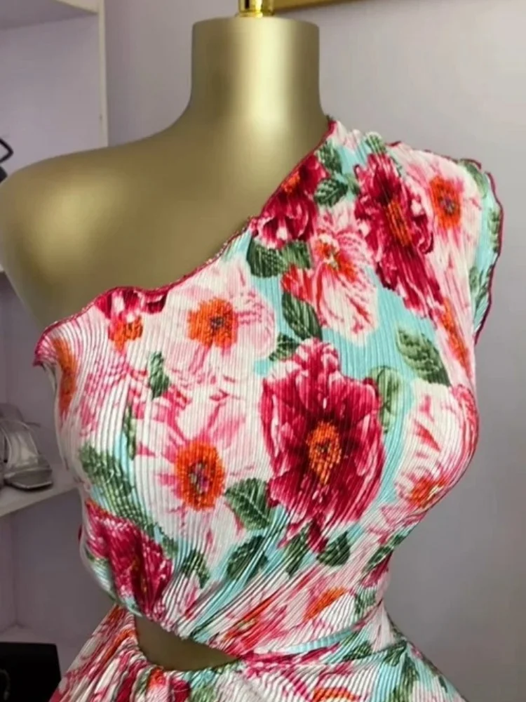 Wmstar Dress Women Wholesale Stock 2025 Cross Border Bohemian Slanted Neck Backless Cinched Waist Slimming A Line Printed Long