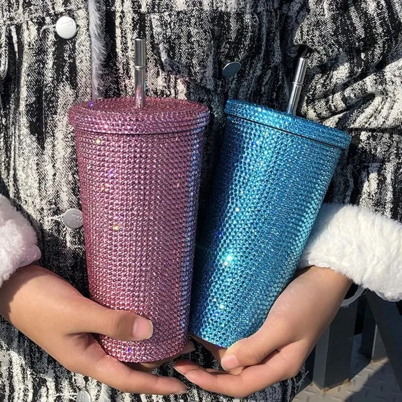 

750ml Shining Rhinestone Cup Stainless Steel Double Layer Thermos Cups with Straw Cup Women Glitter Cup Water Bottle Xmas Gifts