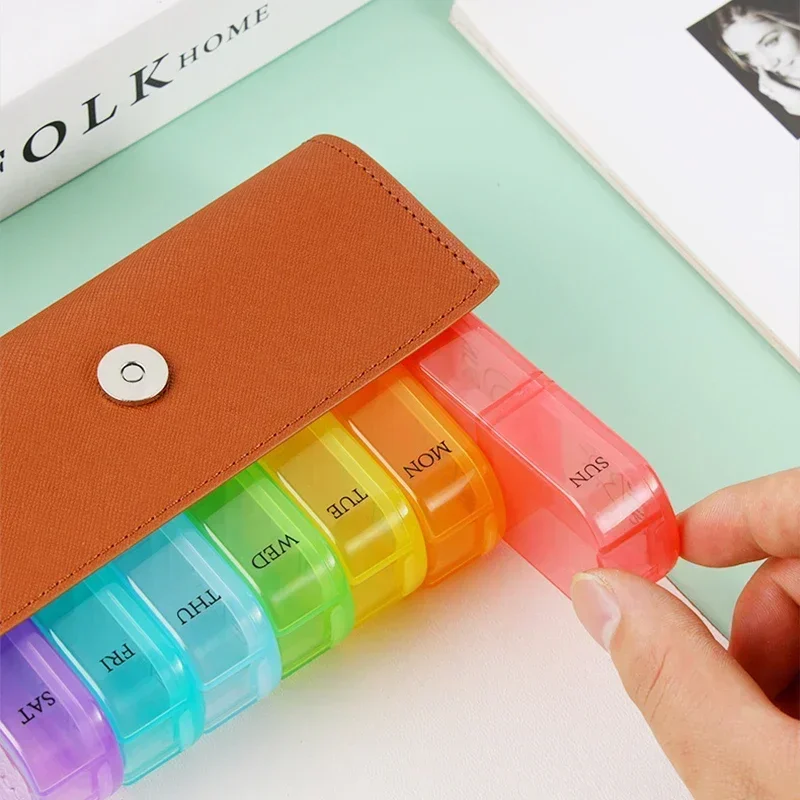 14 Grids Leather Bag Medicine Box Weekly 7 Days Pill Medicine Box Holder Organizer Pill Storage Box for Medications Vitamins