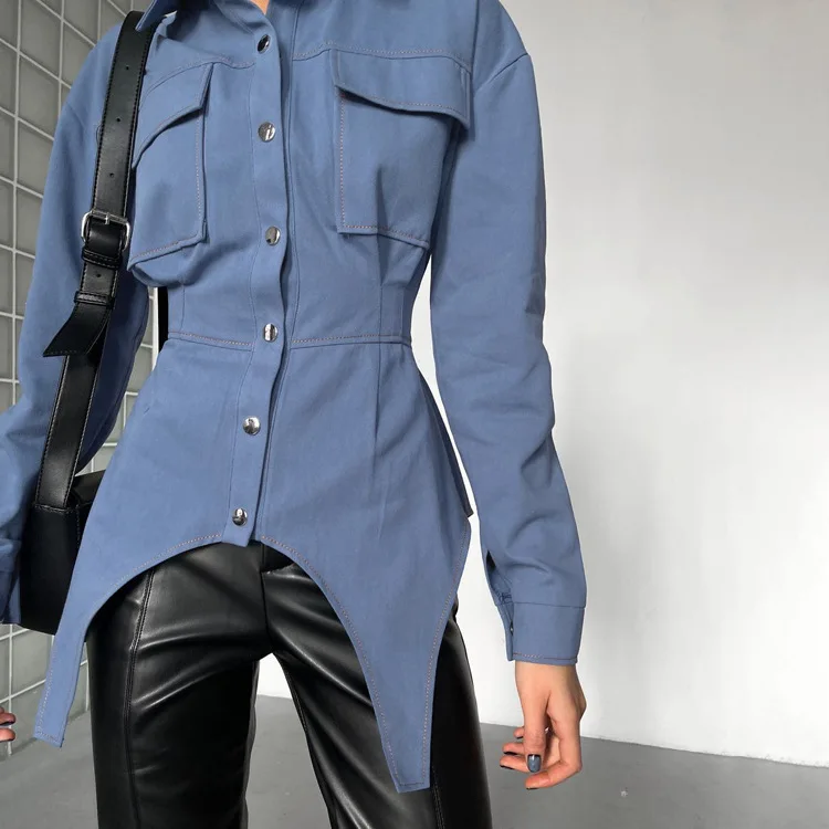 Lapel Patchwork Fashion Shirts For Women Slim Long Sleeve Pocket High Waist Autumn 2025 Cardigan Vintage Shirts Streetwear