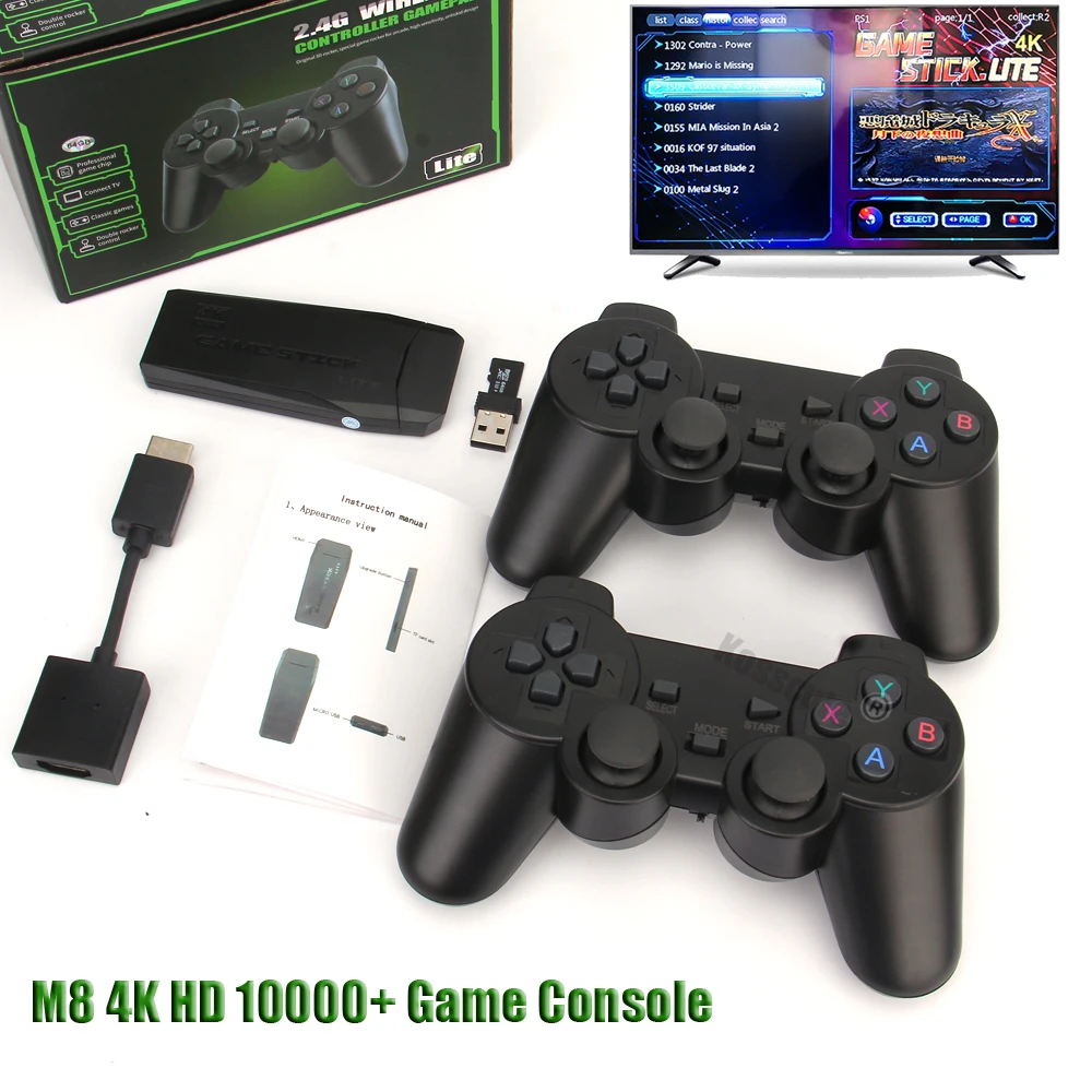 Console de videogame 2.4G duplo controlador sem fio Game Stick 4K 1000