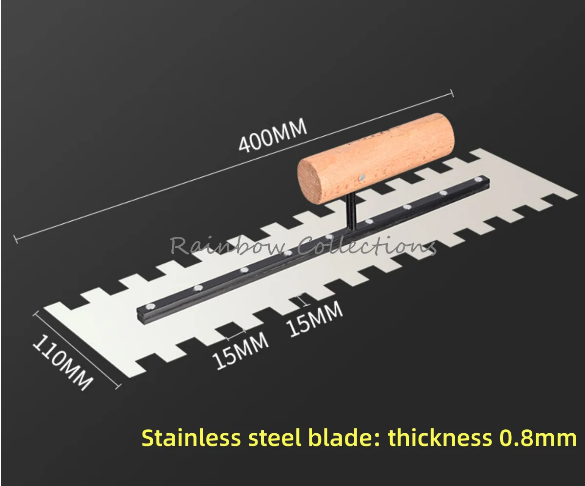 400*110mm Multifunctional 15*15mm Sawtooth Wall Tiling Tool Stainless Steel Professional Portable Trowel Plastering Decoration