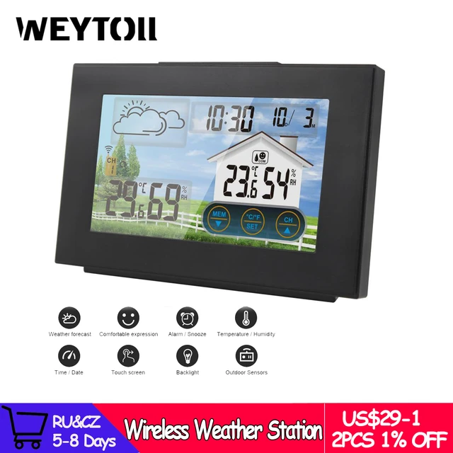 Station Meteo sans Fil avec Temperature Interieure et Exterieure - Ecran  LCD - Alimentation USB / Piles - 7 Langues - Fonction Reveil et Horloge