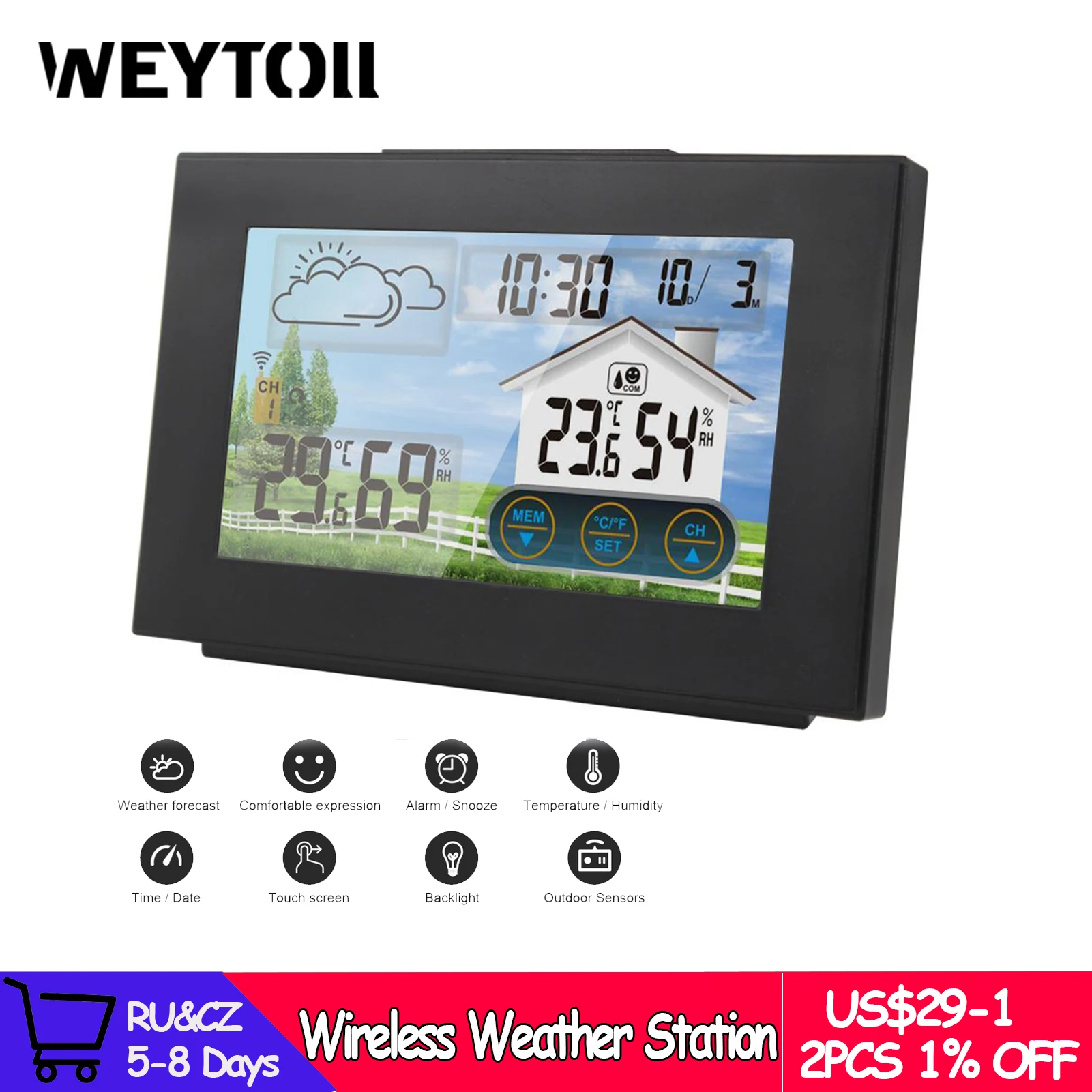 Station météo sans fil thermomètre intérieur extérieur hygromètre avec  capteur écran tactile couleur réveil calendrier - AliExpress