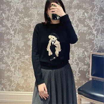 New Autumn Preppy Student Cashmere Sweater Women Cartoon Bear Embroidered O-neck Long Sleeve Pullover Top Casual Knitwear 1