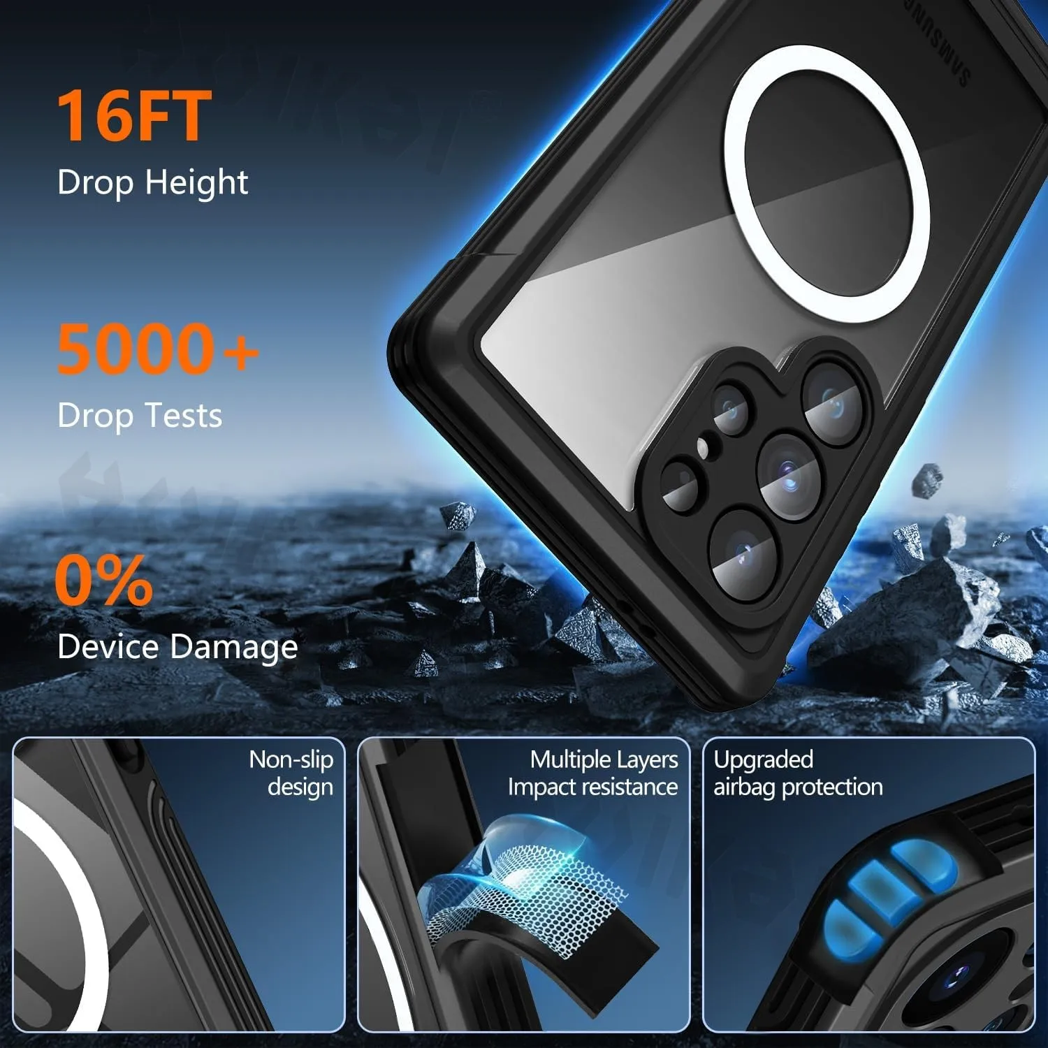 Magnetic Military-Grade Rugged Clear Phone Case with Screen Protector