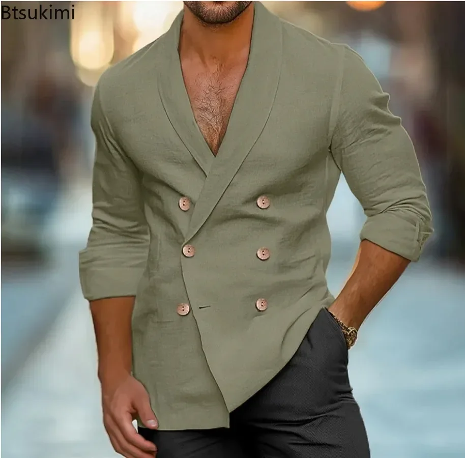 Men's Vintage Double Breasted Lapel Thin Suit Jacket Solid High-end Shirt Coats Male Fashion Business Casual Cardigan Tops