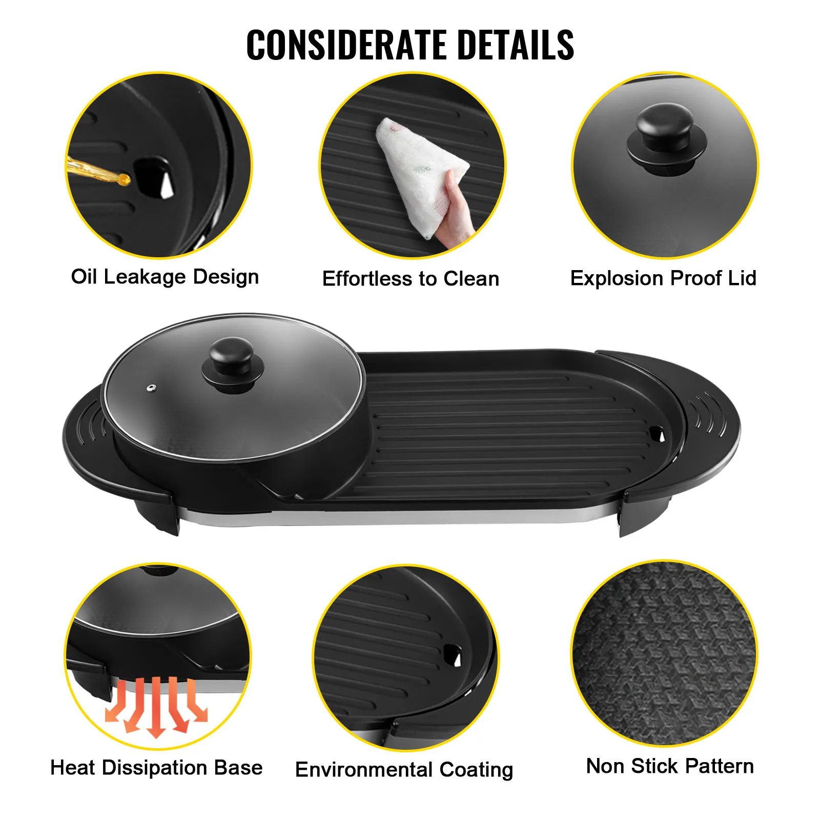 VEVOR 2 in 1 Electric BBQ Pan Grill Hot Pot Portable Smokeless Durable Material Fast Even Heated for Shellfish Vegetables Home 4