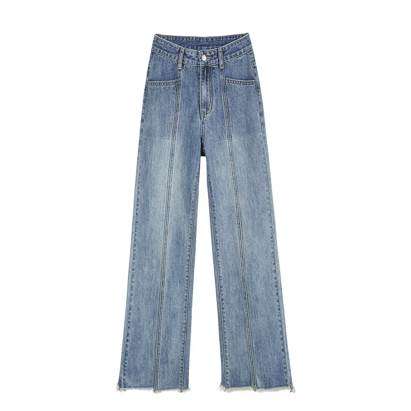 

25-31 Womens Jeans Female Denim Pant Spring Autumn Button Full Length Wide Leg Vintage High Waist Ladies Trousers Clothes Hy53