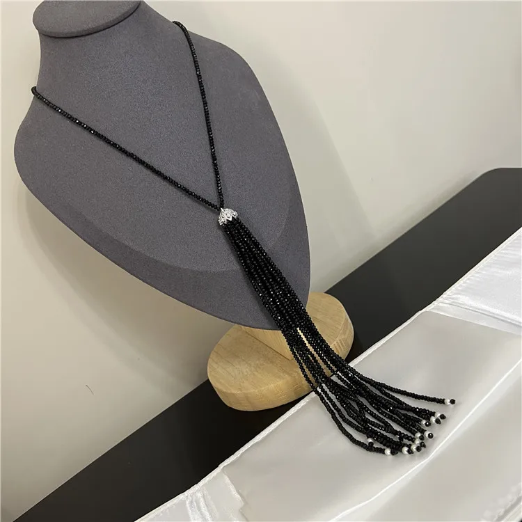 Natural Black Crystal Necklace Handmade long Necklace