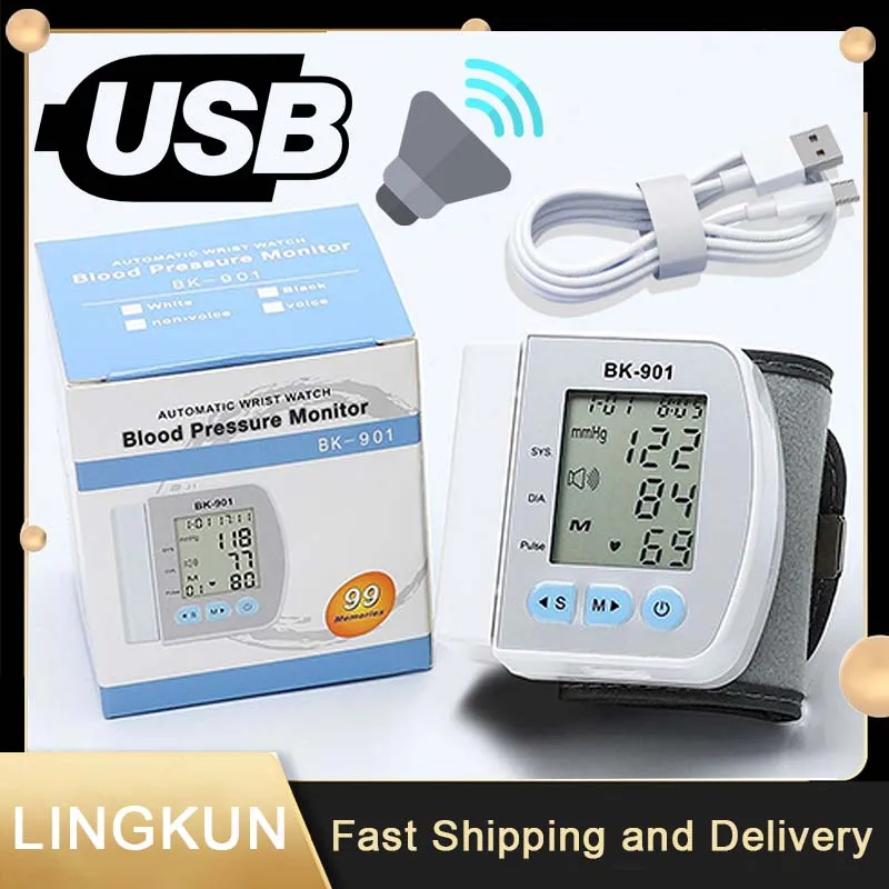 Smart LCD Screen English Voice Broadcast Wrist Blood Pressure Monitor Digital Automatic BP Tonometer Heart Rate Sphygmomanometer