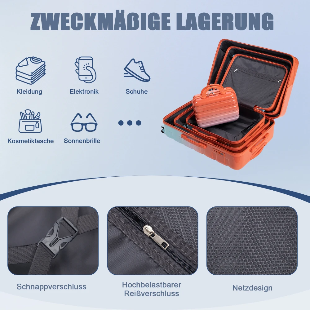 14"/20"/24"/28" 4-teiliges PC-Spinner-Kofferset - mit Seitengriffen, Schutzfüßen, integriertem Zahlenschloss & 14-Zoll-Kosmetiktasche – Detail 20