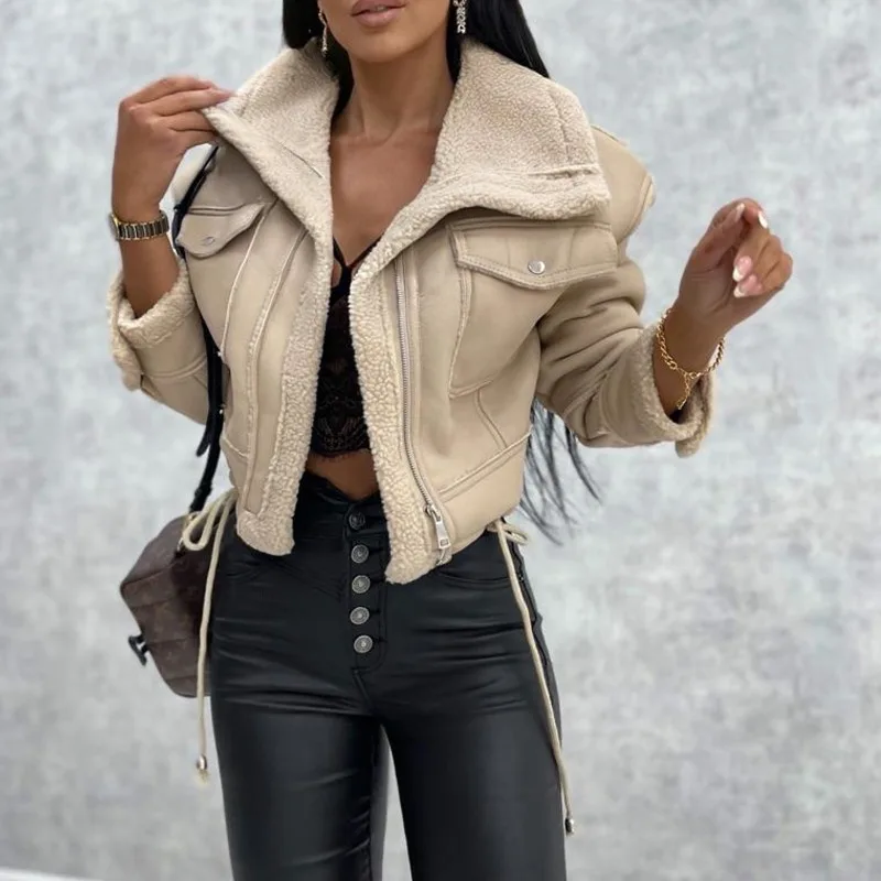 

European and American Autumn and Winter Coats New Lamb Wool Short Coat Zipper Motorcycle Style Jacket Tops for Women