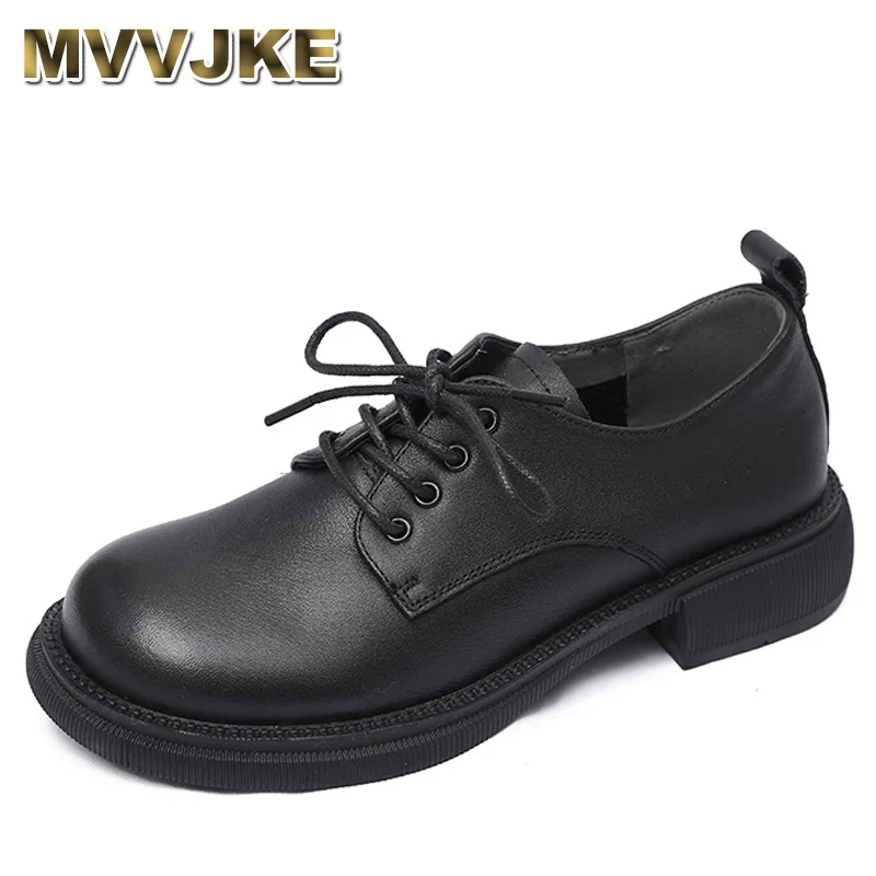 

New Spring High Quality Full Genuine Leather Shoes British Round Toe Lace-up Low-heeled Comfort Trendy Shoes Women's Shoes