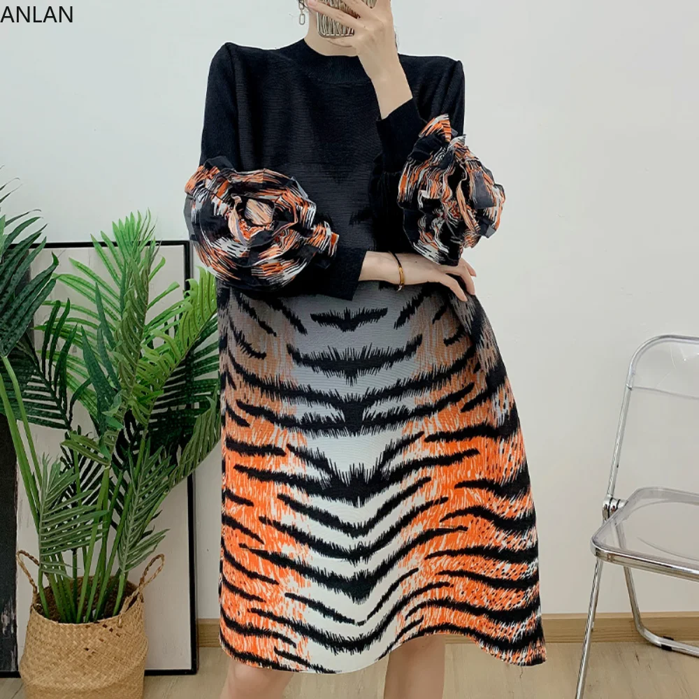 

ANLAN Pleated Gradient Dress 2024 Summer New Heavy Industry Panhua Long Sleeve Leopard Print Loose Medium Length Dresses Women