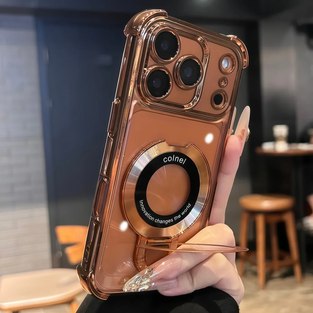 Deluxe Transparent Magnetic Shockproof Case with Adjustable Stand and Plating Finish