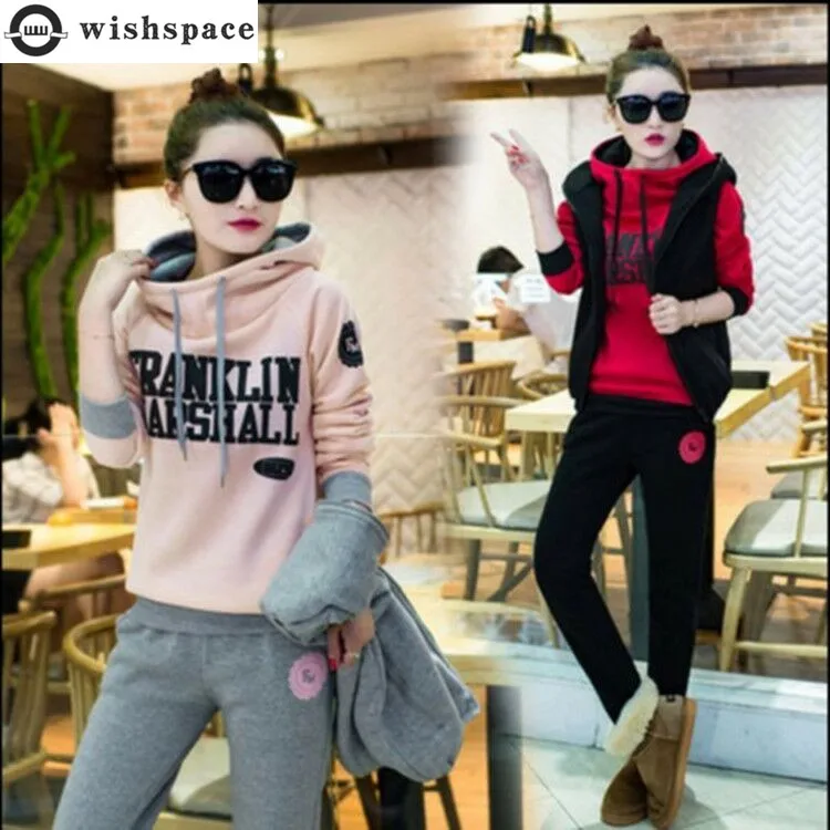 2022 Winter New Plush Thickened Hoodie Slim Tank Top Trousers Three Piece Elegant Pants Set Sports Full Set Running Running