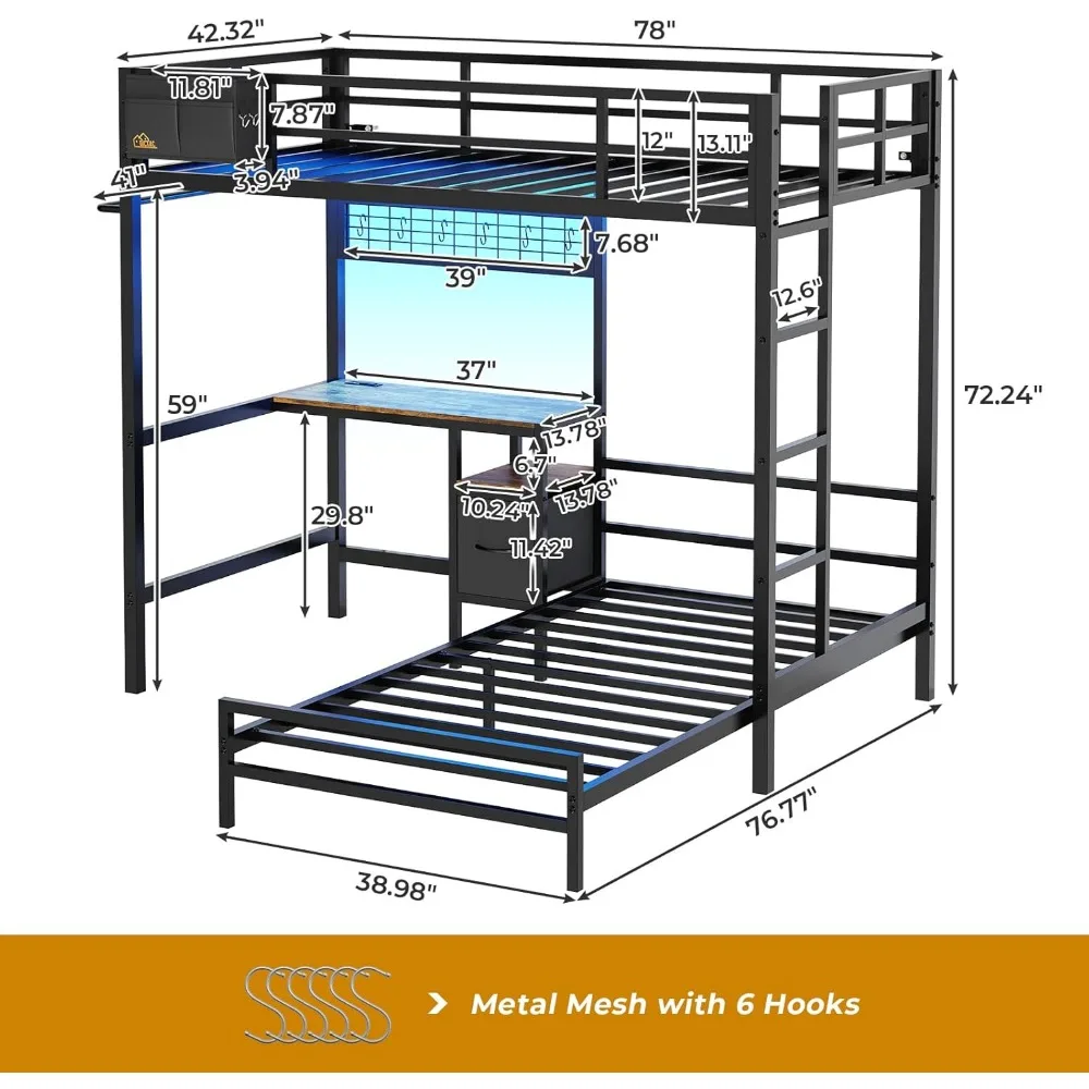 Bunk Bed Twin Over Twin W Desk, Led Lights & Storage Shelves and Drawers, Safety Guardrail and Ladder, L-Shaped Children Bed 5