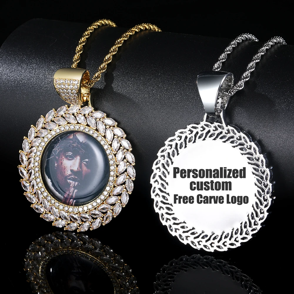 Hip Hop Iced Out Jewelry Picture Custom Pendant Blank Zircon Medallion Photo Necklace Free Item Engraving Logo And Shipping