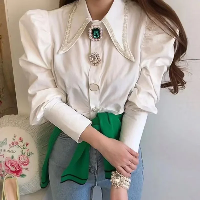 

Women's Shirts 2022 New Polyester Cotton Puff Sleeves Point Collar Diamond Button Pearl Trim Single Breasted Waist White Shirt