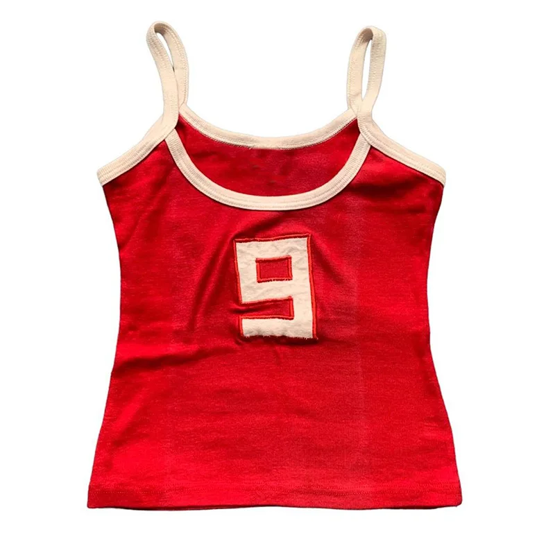 New Sexy Y2K Sling Crop Top Red Number 9 Graphic Summer Printed Sling Allentato Casual Women Sling Party Streetwear O-Collo
