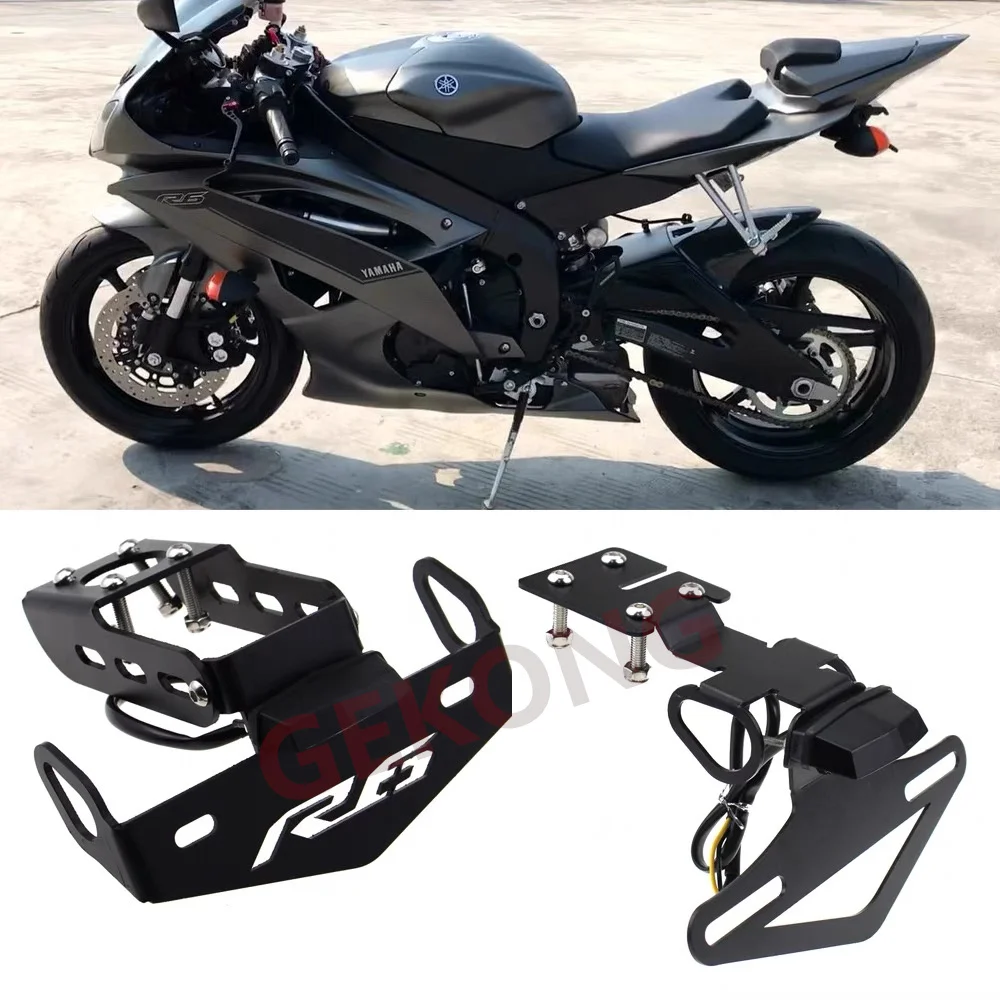 Support De Plaque D'Immatriculation Arrière LED Pour Yamaha YZF R6 (2006-2016) - CNC Aluminium Noir - Éclairage Intégré - Montage Facile
