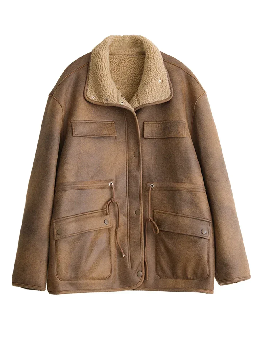 CHIC VEN Women's Jackets Thick Warm Solid Suede Reversible Jacket Motorcycle Outer Coat Loose Female Overcoat Winter Autumn 2023 5
