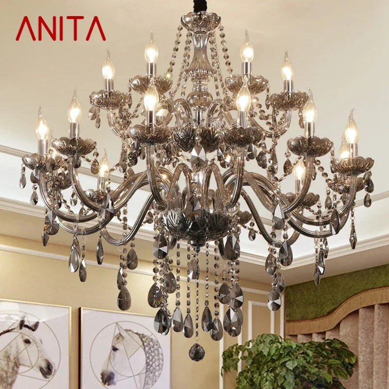 

ANITA European Luxurious Crystal Pendent Lamp Smoke Grey Candle Lamp Living Room And bedroom Restaurant Hotel Villa Chandelier