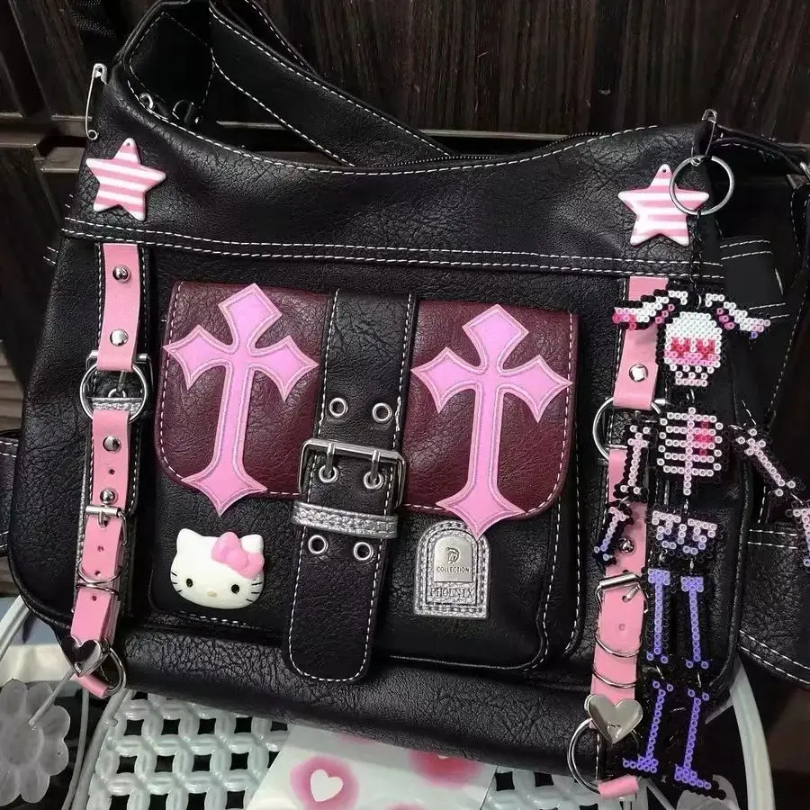 

New Hello Kitty Sanrio Gothic Punk Vintage Pink Cross Chains Crossbody Bags for Women Hot Girl Handbag Y2k Trend Tote Bag Gift
