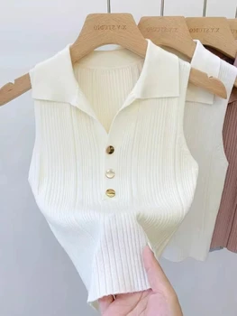 Zjaiss 2026 Spring Summer Slim Versatile Camisole Women's Polo Lapel Tank Tops Vest Ice Silk Knit Sleeveless Tops 1