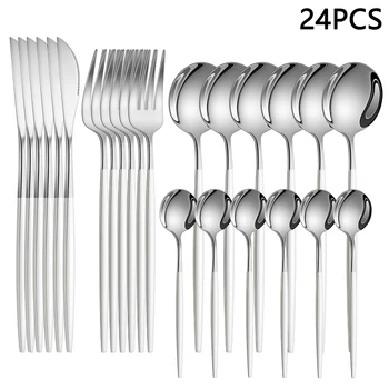 4/6/16/24 pezzi Set di posate per uso domestico in acciaio inossidabile Posate portoghesi sottili include coltello da bistecca, forchetta, cucchiaio da zuppa, cucchiaio da caffè 1