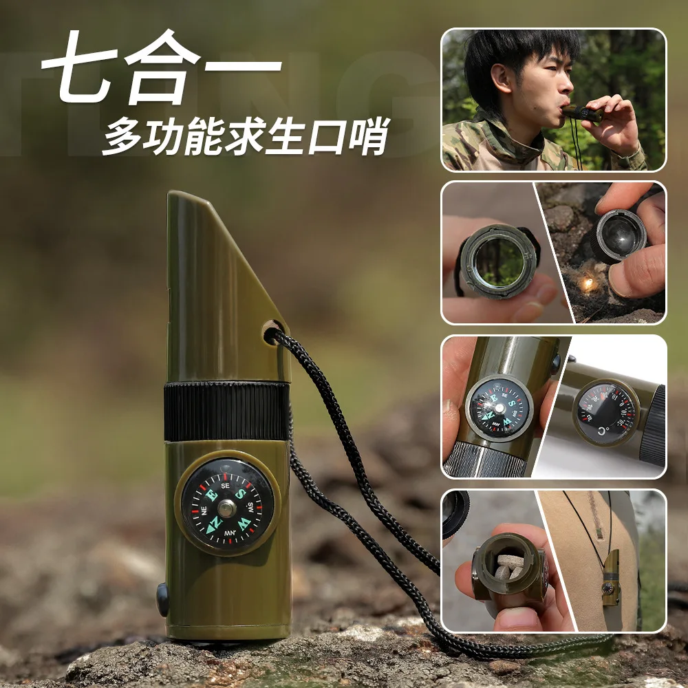 

7in1 Emergency Survival Whistle Compass Multifunction Tool Magnifier Flashlight Storage Container Thermometer for Camping Hiking